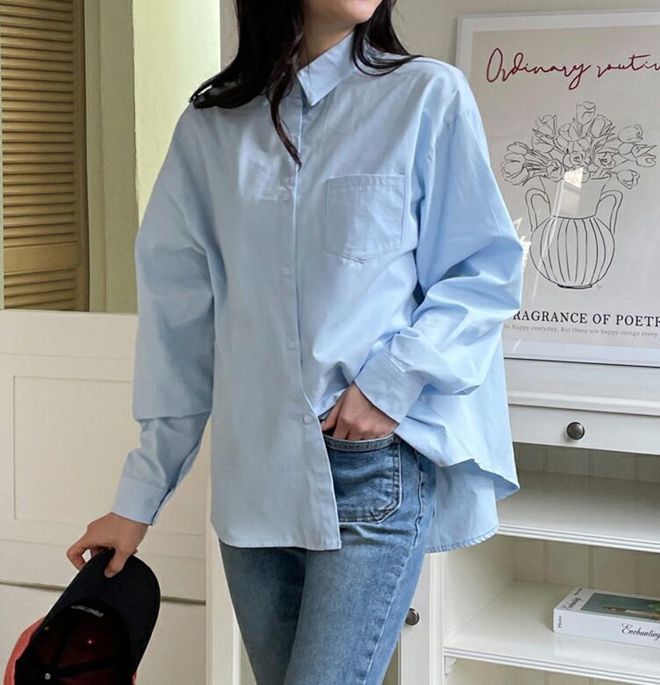 アンバランスポケットシャツ・全7色・t01991 レディース 【bl】トップス シャツ 長袖 単色 無地 シンプル 大人 ベーシック きれいめ ドロップショルダー カラーアイテム パステル オフィスカジュアル 水色 春 秋 冬 韓国ファッション NIJU