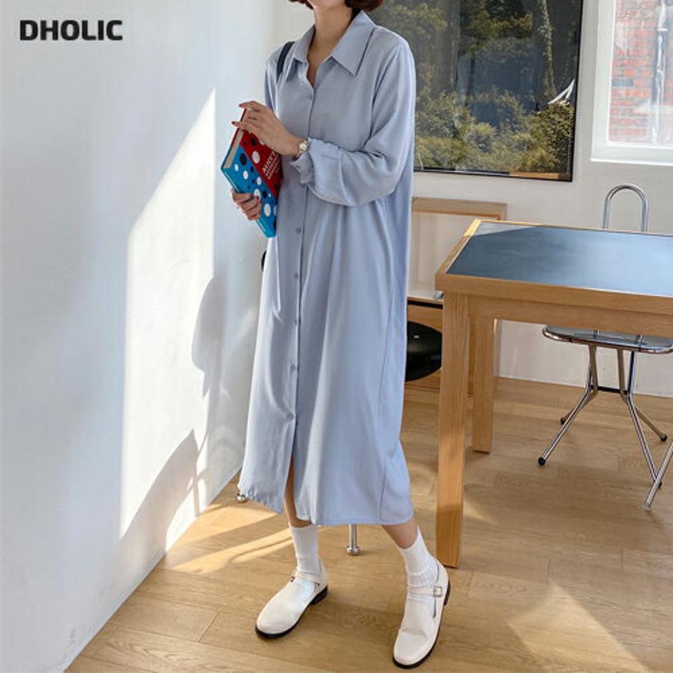 2WAYロングシャツワンピース・全5色・t00193 レディース 【ops】韓国ファッション ワンピース ロングワンピース 長袖 カラーネック パステル シャツワンピース カフス ボタン ロング丈 無地 シンプル 体型カバー フェミニン カジュアル 秋 冬