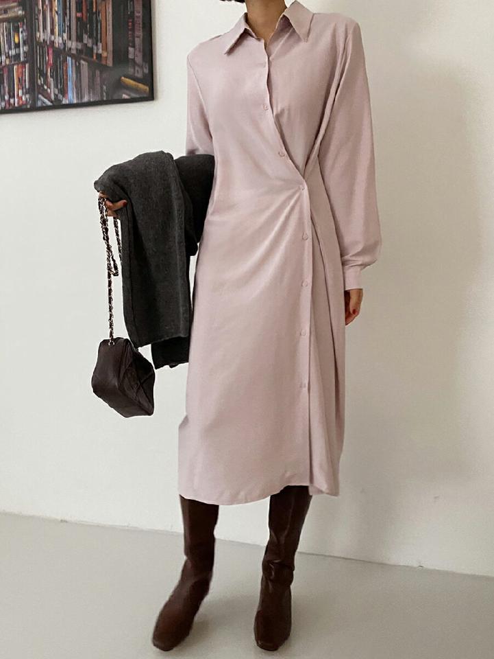 2WAYロングシャツワンピース・全5色・t00193 レディース 【ops】韓国ファッション ワンピース ロングワンピース 長袖 カラーネック パステル シャツワンピース カフス ボタン ロング丈 無地 シンプル 体型カバー フェミニン カジュアル 秋 冬