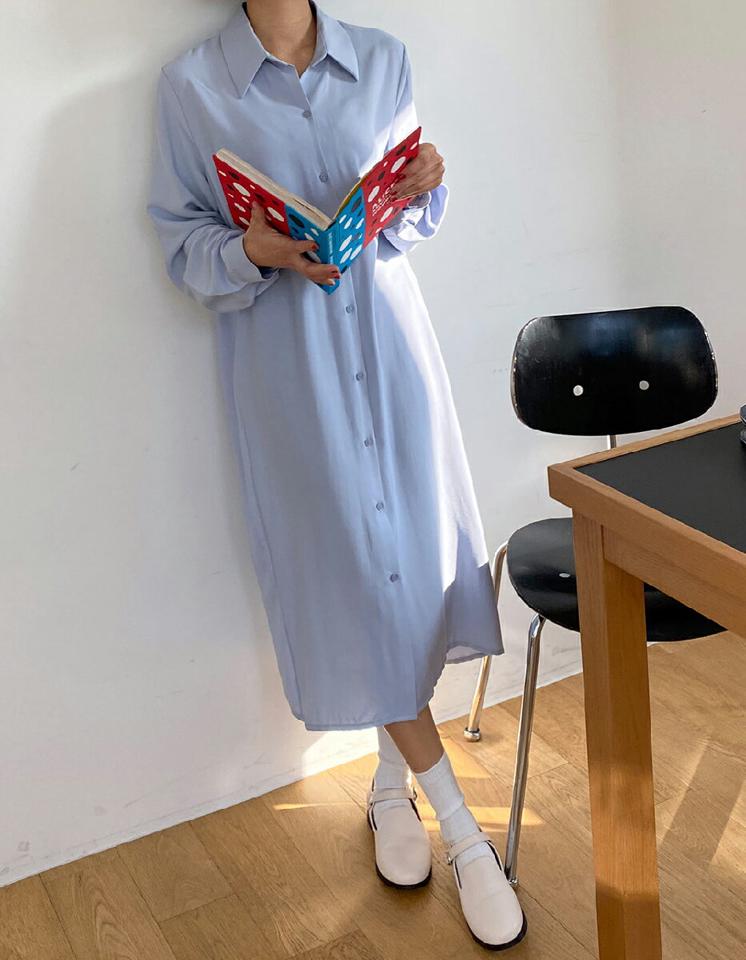 2WAYロングシャツワンピース・全5色・t00193 レディース 【ops】韓国ファッション ワンピース ロングワンピース 長袖 カラーネック パステル シャツワンピース カフス ボタン ロング丈 無地 シンプル 体型カバー フェミニン カジュアル 秋 冬