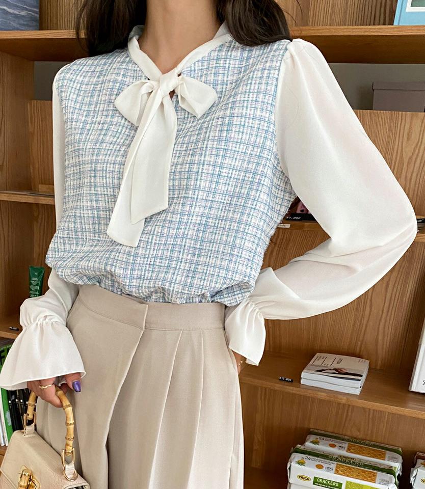 ツイードリボンコントラストブラウス・全3色・t00195 レディース 【bl】韓国ファッション トップス ブラウス 長袖 ネックスリット ツイード リボン コントラスト 水色 パステル シンプル カジュアル フェミニン ガーリー 春 秋 冬