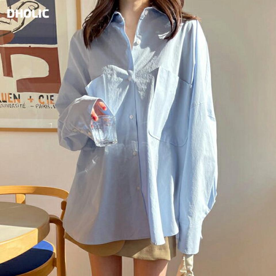 ルーズポケットシャツ・全2色・t66614 レディース 【bl】トップス シャツ 長袖 ゆったり ラフ カジュアル ワイドカフス 単色 無地 シンプル ベーシック 大人 パステル 水色 きれいめ 春 秋 冬 韓国ファッション