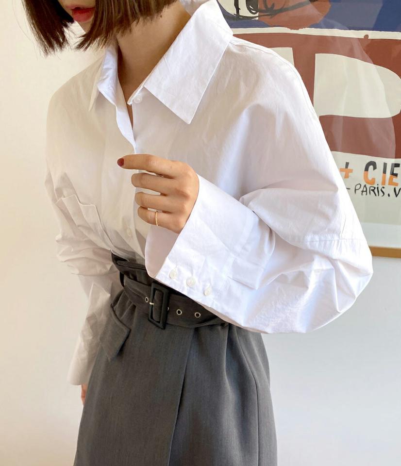 ルーズポケットシャツ・全2色・t66614 レディース 【bl】トップス シャツ 長袖 ゆったり ラフ カジュアル ワイドカフス 単色 無地 シンプル ベーシック 大人 パステル 水色 きれいめ 春 秋 冬 韓国ファッション