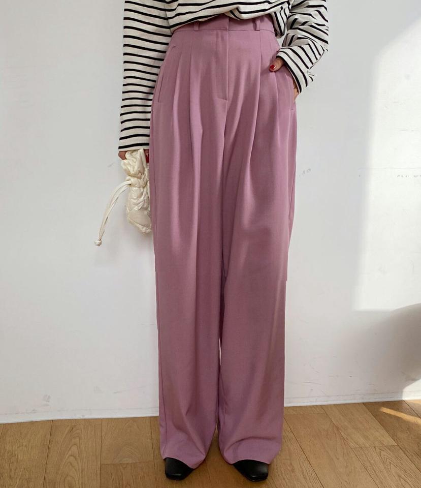 ツータックワイドスラックス・全3色・t00205 レディース 【pt】韓国ファッション ボトムス ロング ロングパンツ スラックスパンツ スラックス ツータック ワイド パステル ストレート ベルトループ 無地 シンプル 体型カバー フェミニン カジュアル 秋 冬