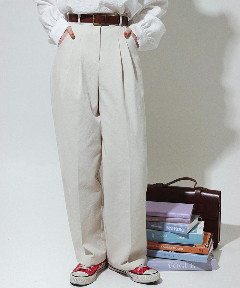 コットンタックワイドパンツ・全2色・t00115 レディース 【pt】韓国ファッション ボトムス ロング ロングパンツ コットンパンツ ハイウエスト タック ワイド カラーアイテム ベルトループ 無地 シンプル フェミニン カジュアル 秋 冬