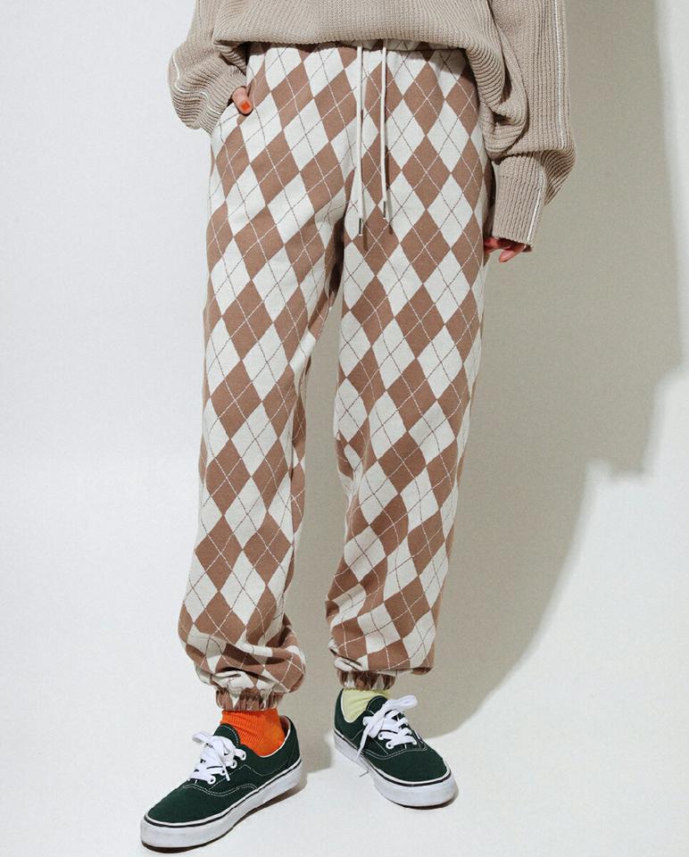 アーガイルジョガーパンツ・全5色・t00112 レディース 【pt】韓国ファッション ボトムス ロング ロングパンツ アーガイル ジョガーパンツ ウエストゴム ストリング ワイド シンプル 体型カバー フェミニン カジュアル 秋 冬