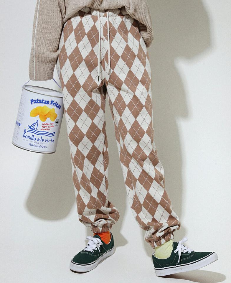 アーガイルジョガーパンツ・全5色・t00112 レディース 【pt】韓国ファッション ボトムス ロング ロングパンツ アーガイル ジョガーパンツ ウエストゴム ストリング ワイド シンプル 体型カバー フェミニン カジュアル 秋 冬