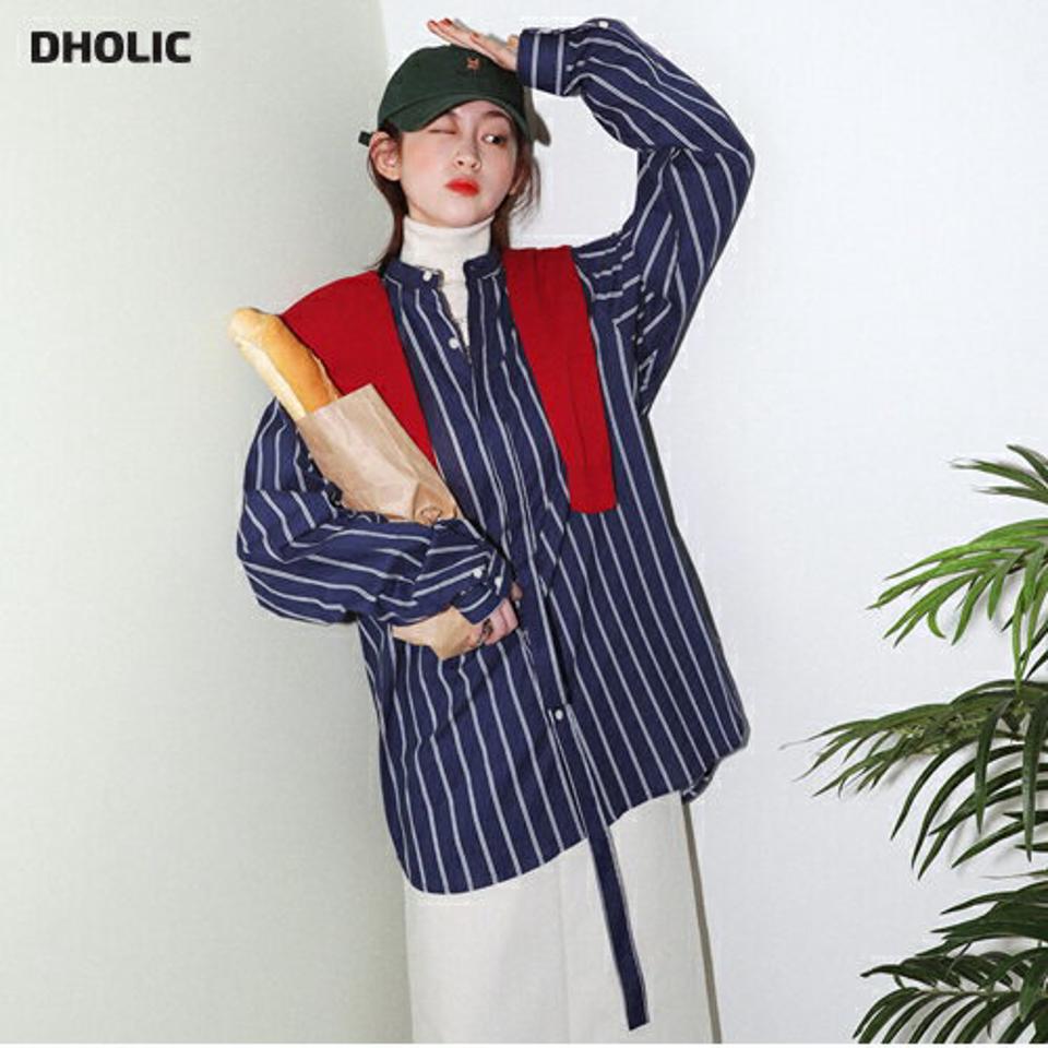 ストラップヘンリーネックストライプシャツ・全2色・a00099 レディース 【bl】韓国ファッション トップス シャツ 長袖 ストラップ ヘンリーネック ストライプ シンプル ルーズ カジュアル フェミニン 体型カバー ガーリー 春 秋 冬