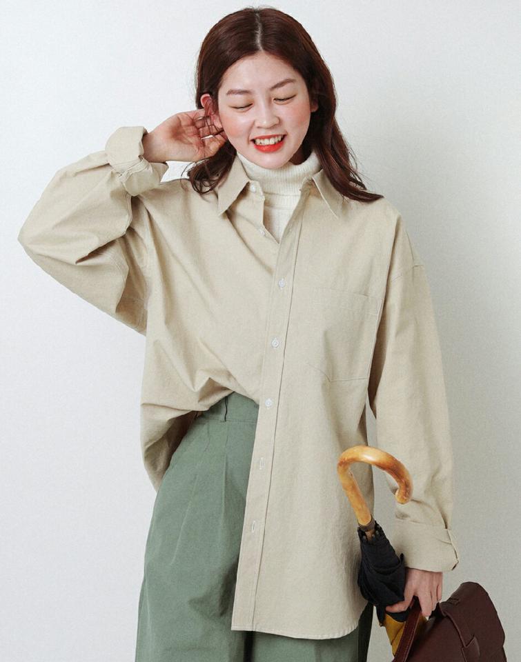 ステッチオーバーフィットシャツ・全4色・n00104 レディース 【bl】韓国ファッション トップス シャツ 長袖 カラーネック ステッチ バイオウォッシング オーバーサイズ ルーズ 無地 シンプル カジュアル フェミニン 体型カバー ガーリー 春 秋 冬