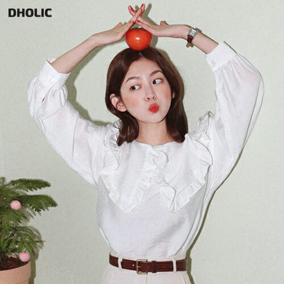 ビッグフリルカラーブラウス・全5色・t00103 レディース 【bl】韓国ファッション トップス ブラウス 長袖 襟コンシャス ビッグ フリルカラー スリット 無地 シンプル カジュアル フェミニン ガーリー 春 秋 冬