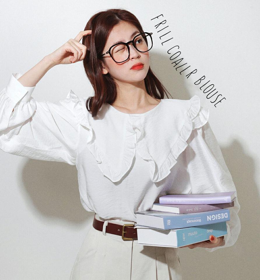 ビッグフリルカラーブラウス・全5色・t00103 レディース 【bl】韓国ファッション トップス ブラウス 長袖 襟コンシャス ビッグ フリルカラー スリット 無地 シンプル カジュアル フェミニン ガーリー 春 秋 冬