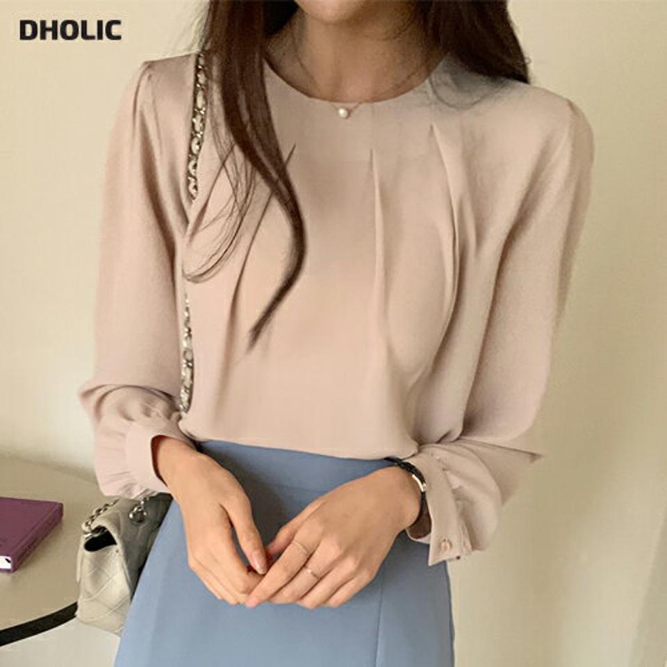 ラウンドタックブラウス・全4色・t71578 レディース 【bl】韓国ファッション トップス ブラウス 長袖 ラウンドネック ピンタック カフス ボタン パフスリーブ 無地 シンプル カジュアル フェミニン 体型カバー ガーリー 春 秋 冬