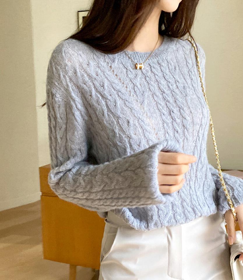 アルパカ混ツイストニット・全4色・t71581 レディース 【tops】韓国ファッション トップス ニット 大人 長袖 ラウンドネック アルパカ混 ツイスト編み クロップド丈 カラーニット シンプル フェミニン カジュアル 秋 冬