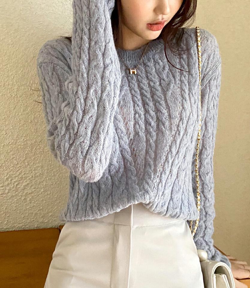 アルパカ混ツイストニット・全4色・t71581 レディース 【tops】韓国ファッション トップス ニット 大人 長袖 ラウンドネック アルパカ混 ツイスト編み クロップド丈 カラーニット シンプル フェミニン カジュアル 秋 冬