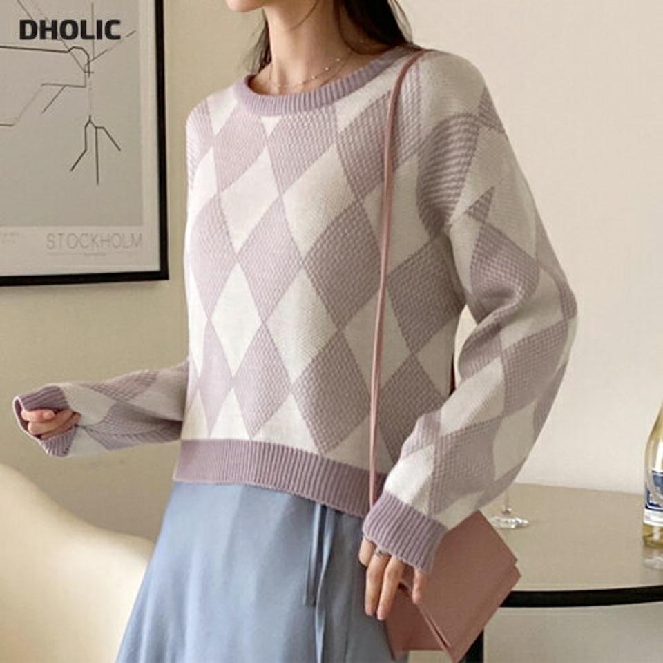 【新作10%OFF】パステルダイヤパターンニット・全4色・t71582 レディース 【tops】韓国ファッション トップス ニット 大人 長袖 ラウンドネック パステル ダイヤパターン ユニーク 柄ニット ルーズ シンプル ユニーク 体型カバー フェミニン カジュアル 秋 冬