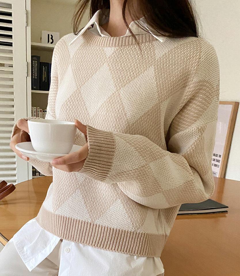 【新作10%OFF】パステルダイヤパターンニット・全4色・t71582 レディース 【tops】韓国ファッション トップス ニット 大人 長袖 ラウンドネック パステル ダイヤパターン ユニーク 柄ニット ルーズ シンプル ユニーク 体型カバー フェミニン カジュアル 秋 冬