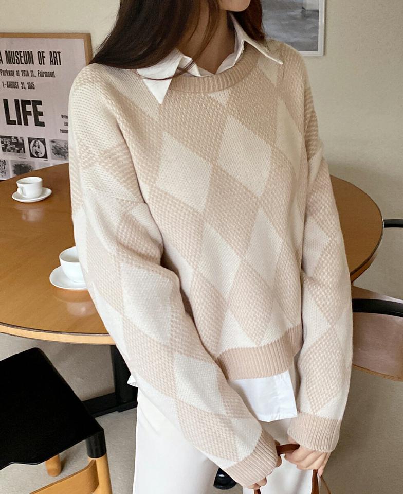 【新作10%OFF】パステルダイヤパターンニット・全4色・t71582 レディース 【tops】韓国ファッション トップス ニット 大人 長袖 ラウンドネック パステル ダイヤパターン ユニーク 柄ニット ルーズ シンプル ユニーク 体型カバー フェミニン カジュアル 秋 冬