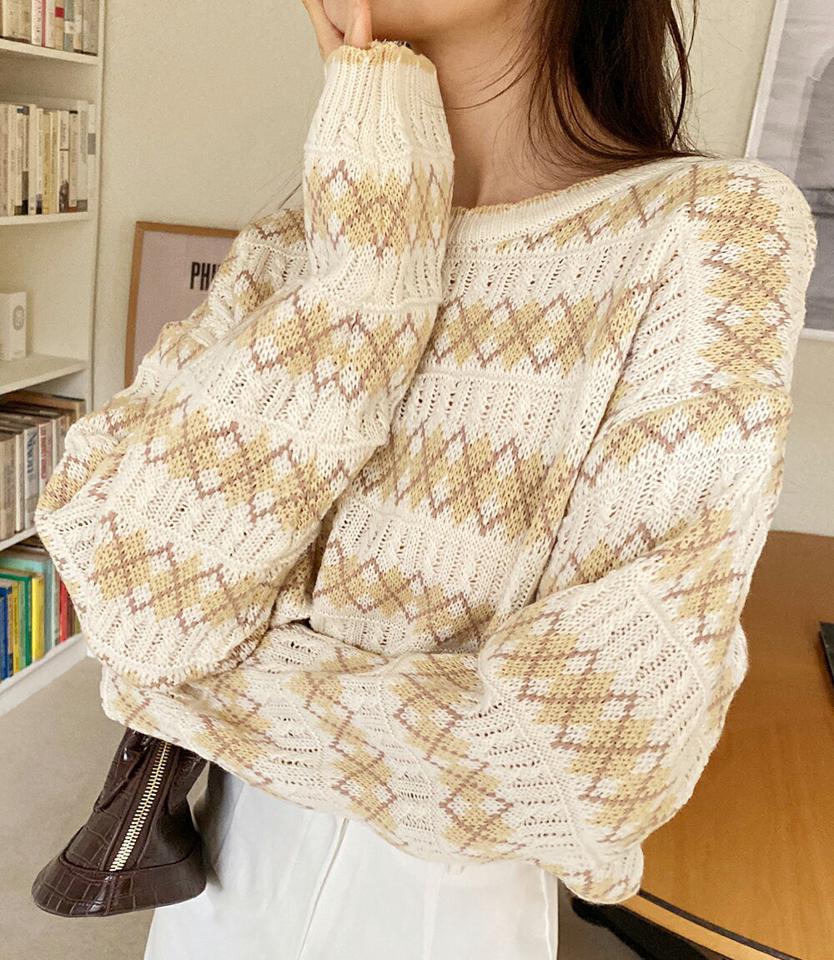 【新作10%OFF】アーガイルラウンドニット・全3色・t71583 レディース 【tops】韓国ファッション トップス ニット 大人 長袖 ラウンドネック アーガイル ツイスト編み ユニーク 柄ニット シンプル ユニーク 体型カバー フェミニン カジュアル 秋 冬