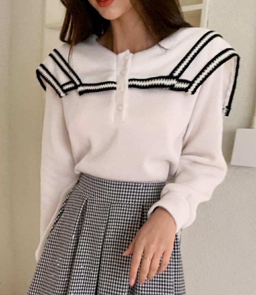 セーラーカラー配色ラインニット・全3色・t71584 レディース 【tops】韓国ファッション トップス ニット 大人 長袖 カラーネック セーラーカラー 配色 ボタン シンプル フェミニン バイカラー カジュアル ガーリー 秋 冬