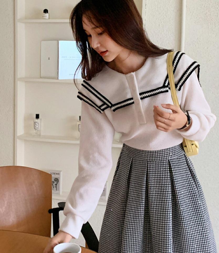セーラーカラー配色ラインニット・全3色・t71584 レディース 【tops】韓国ファッション トップス ニット 大人 長袖 カラーネック セーラーカラー 配色 ボタン シンプル フェミニン バイカラー カジュアル ガーリー 秋 冬