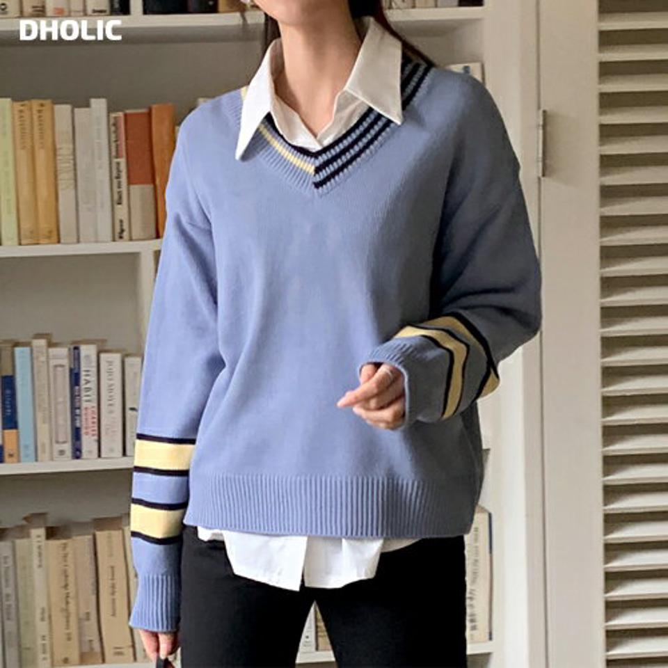 Vネックコントラストラインニット・全3色・t71610 レディース 【tops】韓国ファッション トップス ニット 大人 長袖 Vネック ントラストライン 配色 ウール混 ルーズ メリハリ シンプル 体型カバー フェミニン カジュアル 秋 冬