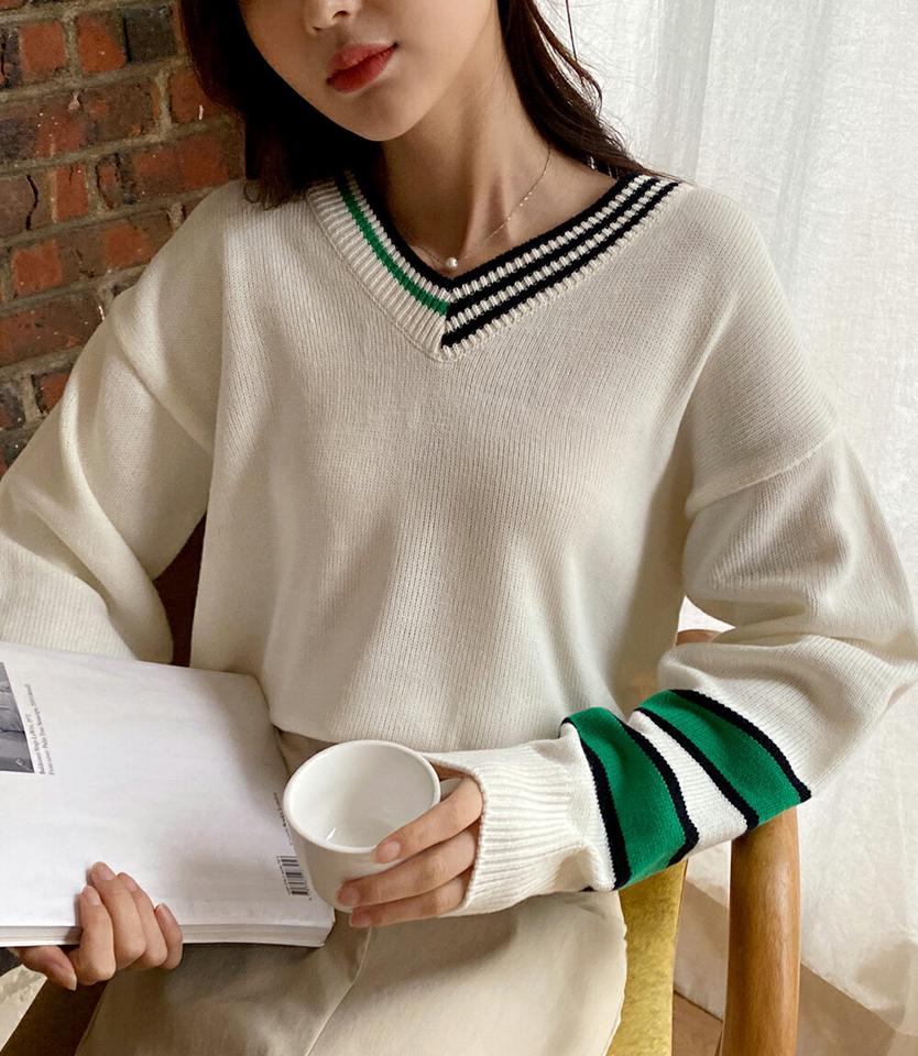 Vネックコントラストラインニット・全3色・t71610 レディース 【tops】韓国ファッション トップス ニット 大人 長袖 Vネック ントラストライン 配色 ウール混 ルーズ メリハリ シンプル 体型カバー フェミニン カジュアル 秋 冬