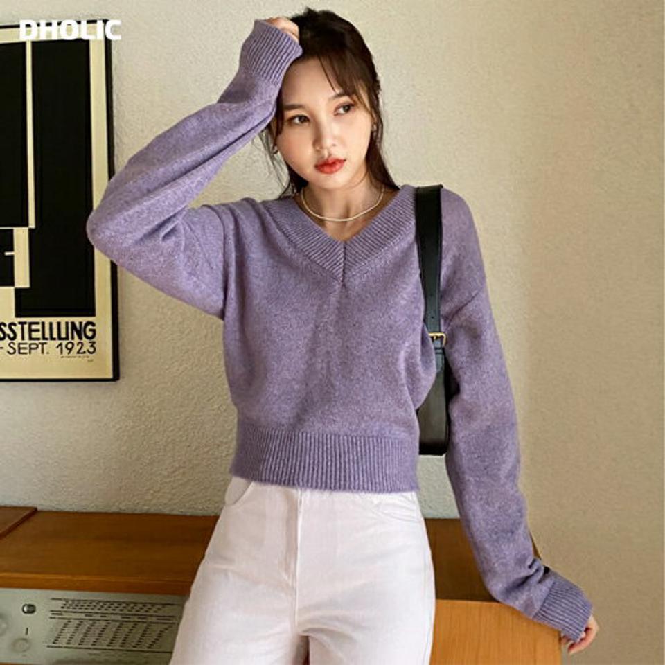 10COLORSクロップドVネックニット・全10色・t71587 レディース 【tops】韓国ファッション トップス ニット 大人 長袖 Vネック クロップド丈 カラーニット パステルカラー ウール混 ルーズ 無地 シンプル フェミニン カジュアル 秋 冬