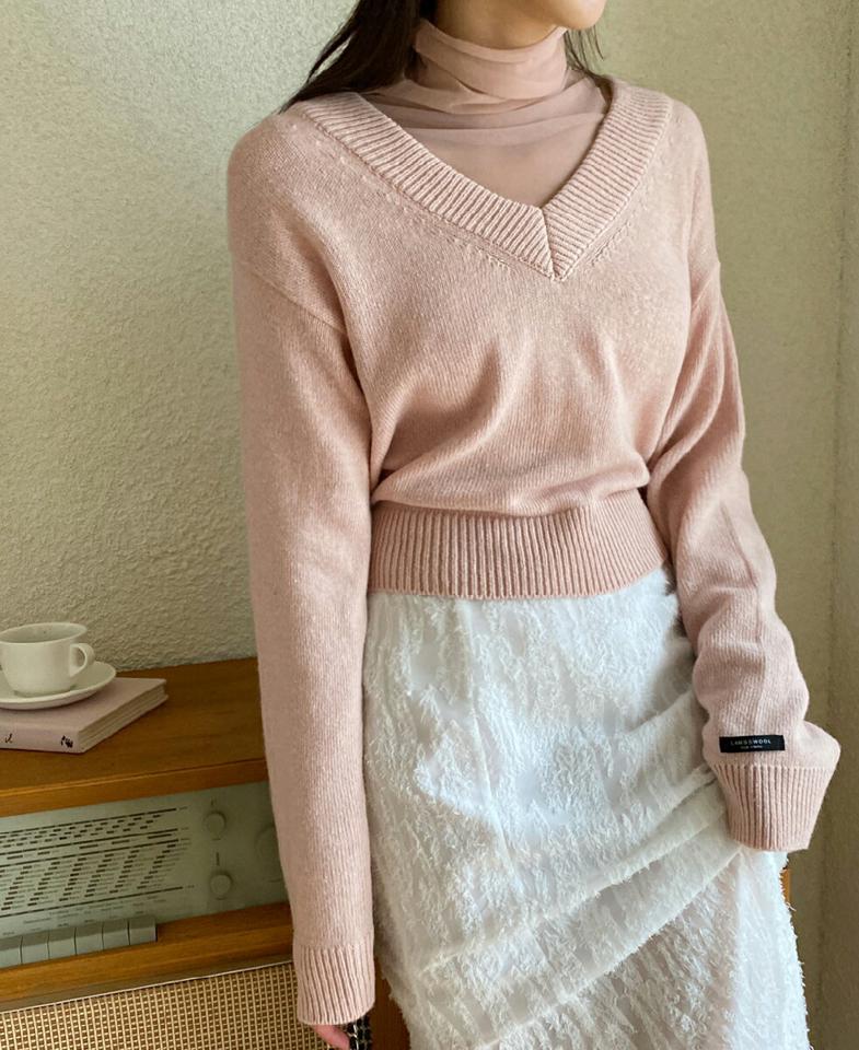 10COLORSクロップドVネックニット・全10色・t71587 レディース 【tops】韓国ファッション トップス ニット 大人 長袖 Vネック クロップド丈 カラーニット パステルカラー ウール混 ルーズ 無地 シンプル フェミニン カジュアル 秋 冬