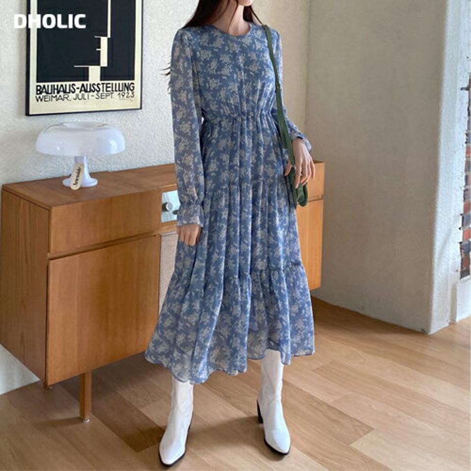 フローラルティアードワンピース・全3色・b71588 レディース 【ops】韓国ファッション ワンピース ロングワンピース 長袖 ラウンドネック 花柄 フラワー フローラル ティアード ロング丈 無地 シンプル フェミニン カジュアル 秋 冬