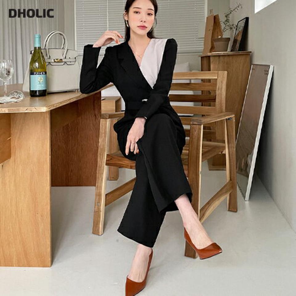 ベルト付配色ワイドオールインワン・全2色・t71682 レディース 【pt】オールインワン パンツ ズボン ベルト ワイド 長袖 配色 タック ストレート 大人 シック モダン 結婚式 モード 春 秋 冬 韓国ファッション ハイホリHIHOLLI