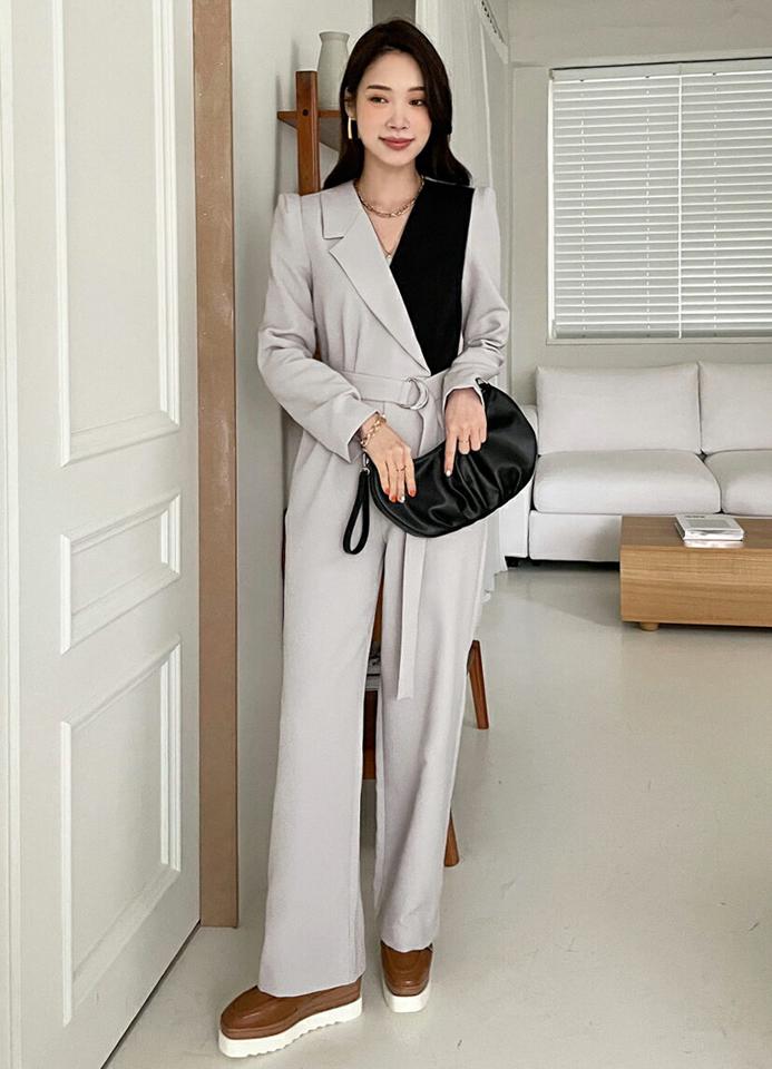 ベルト付配色ワイドオールインワン・全2色・t71682 レディース 【pt】オールインワン パンツ ズボン ベルト ワイド 長袖 配色 タック ストレート 大人 シック モダン 結婚式 モード 春 秋 冬 韓国ファッション ハイホリHIHOLLI