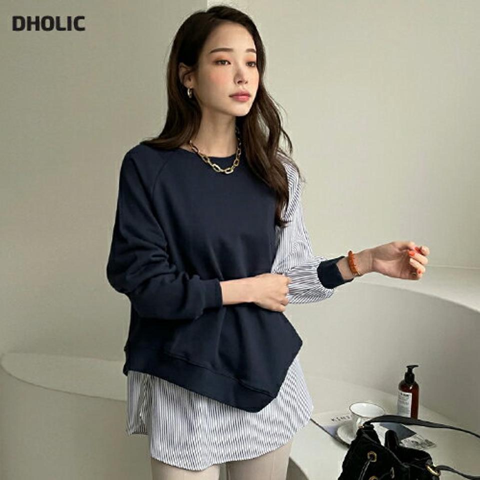 ストライプ配色スウェット・全2色・b71679 レディース 【tops】トップス スウェット トレーナー 長袖 配色 ストライプ柄 大人 爽やか カジュアル アンバランス レイヤード風 春 秋 冬 韓国ファッション ハイホリHIHOLLI