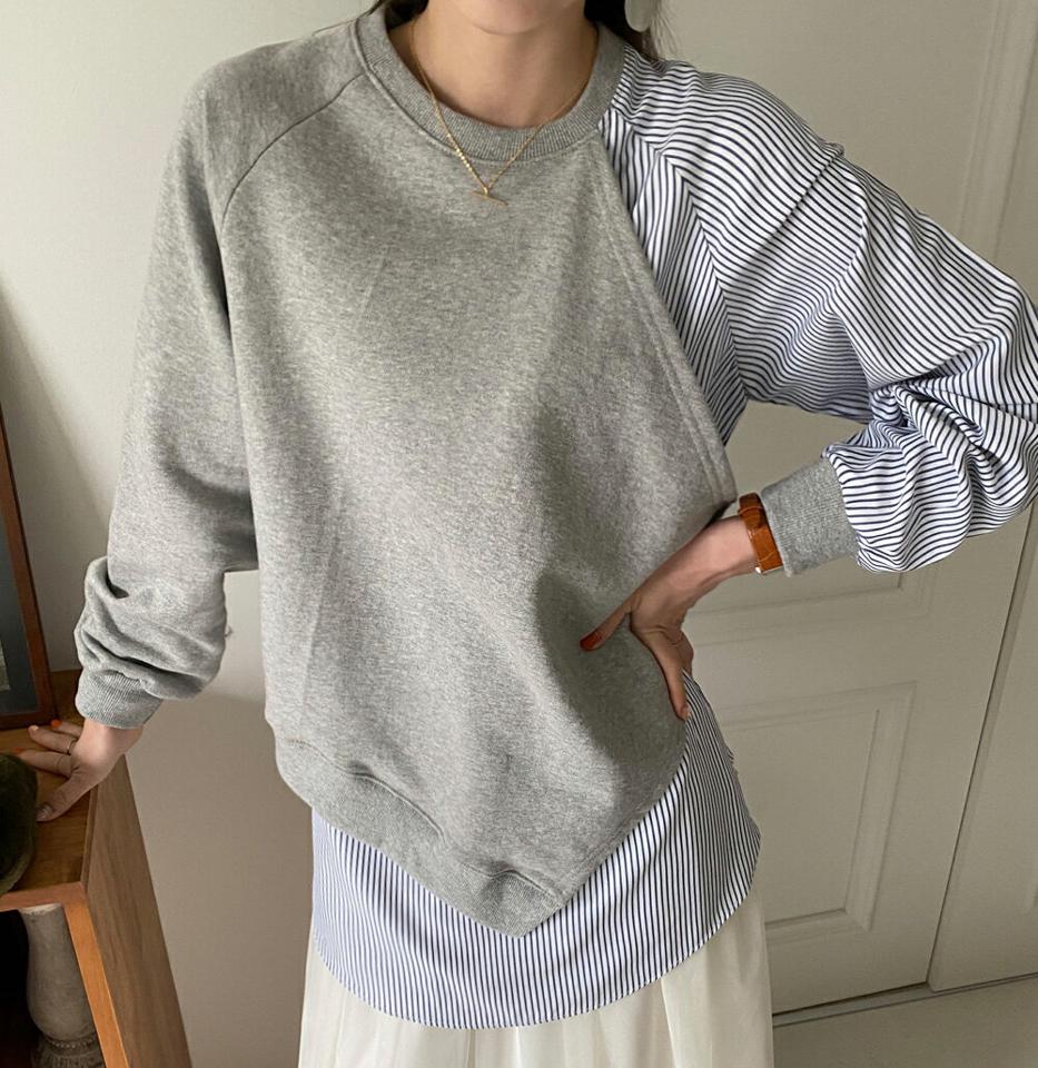 ストライプ配色スウェット・全2色・b71679 レディース 【tops】トップス スウェット トレーナー 長袖 配色 ストライプ柄 大人 爽やか カジュアル アンバランス レイヤード風 春 秋 冬 韓国ファッション ハイホリHIHOLLI