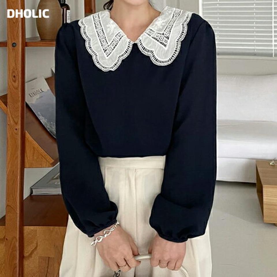 レースカラー配色ブラウス・全3色・t71650 レディース 【bl】トップス ブラウス 長袖 配色 レース 襟コン 大人 かわいい 可愛い フェミニン ギャザー 春 秋 韓国ファッション ハイホリHIHOLLI