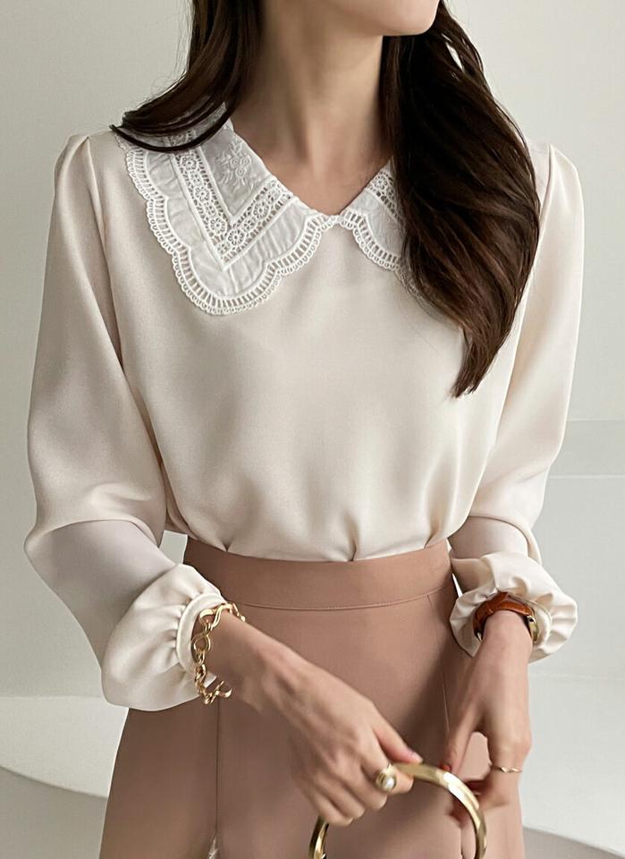 レースカラー配色ブラウス・全3色・t71650 レディース 【bl】トップス ブラウス 長袖 配色 レース 襟コン 大人 かわいい 可愛い フェミニン ギャザー 春 秋 韓国ファッション ハイホリHIHOLLI