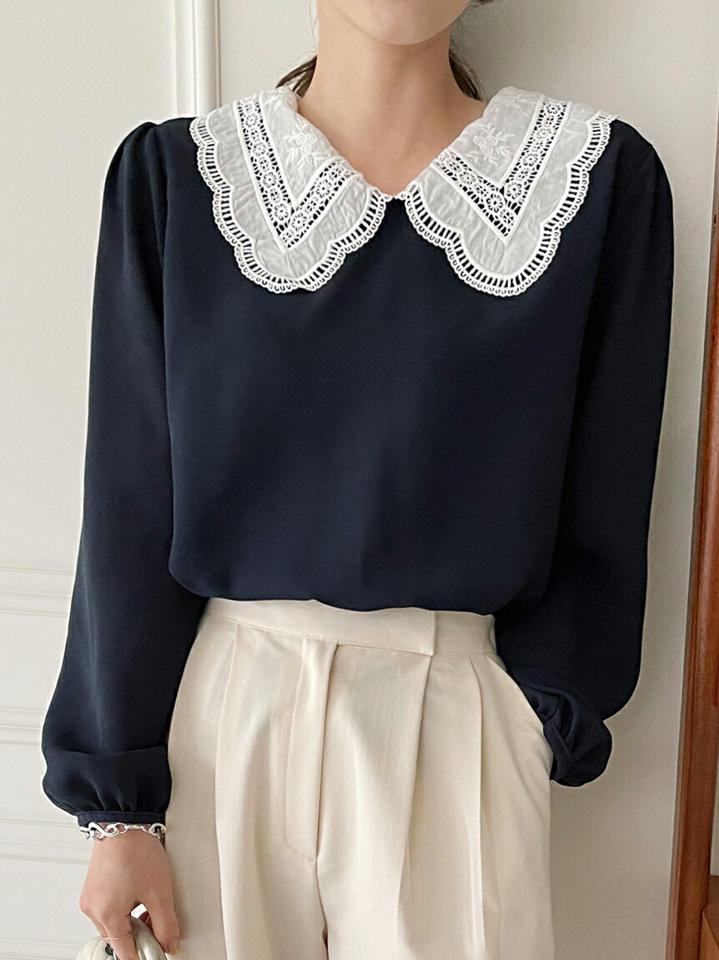 レースカラー配色ブラウス・全3色・t71650 レディース 【bl】トップス ブラウス 長袖 配色 レース 襟コン 大人 かわいい 可愛い フェミニン ギャザー 春 秋 韓国ファッション ハイホリHIHOLLI