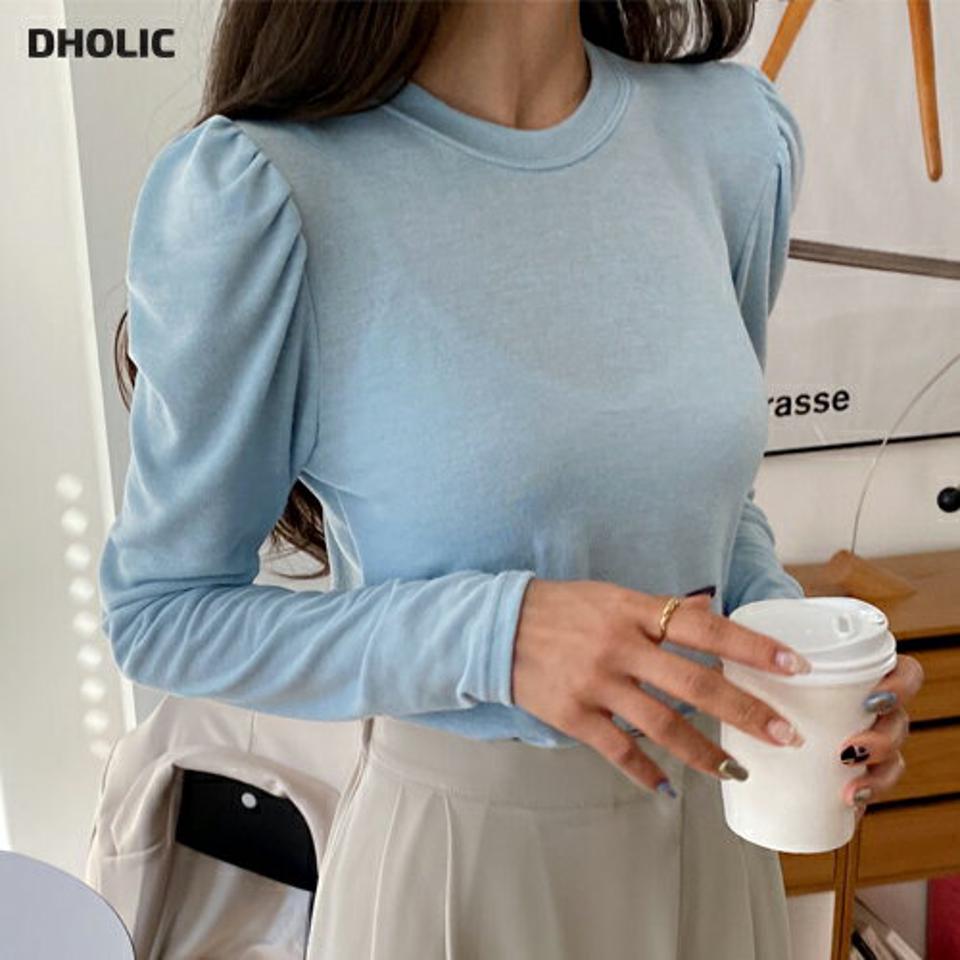 スリーブギャザーラウンドTシャツ・全5色・t00185 レディース 【tops】韓国ファッション トップス Tシャツ 大人 長袖 ラウンドネック スリーブ ギャザー パフスリーブ 無地 シンプル 細身 フェミニン カジュアル 秋 冬