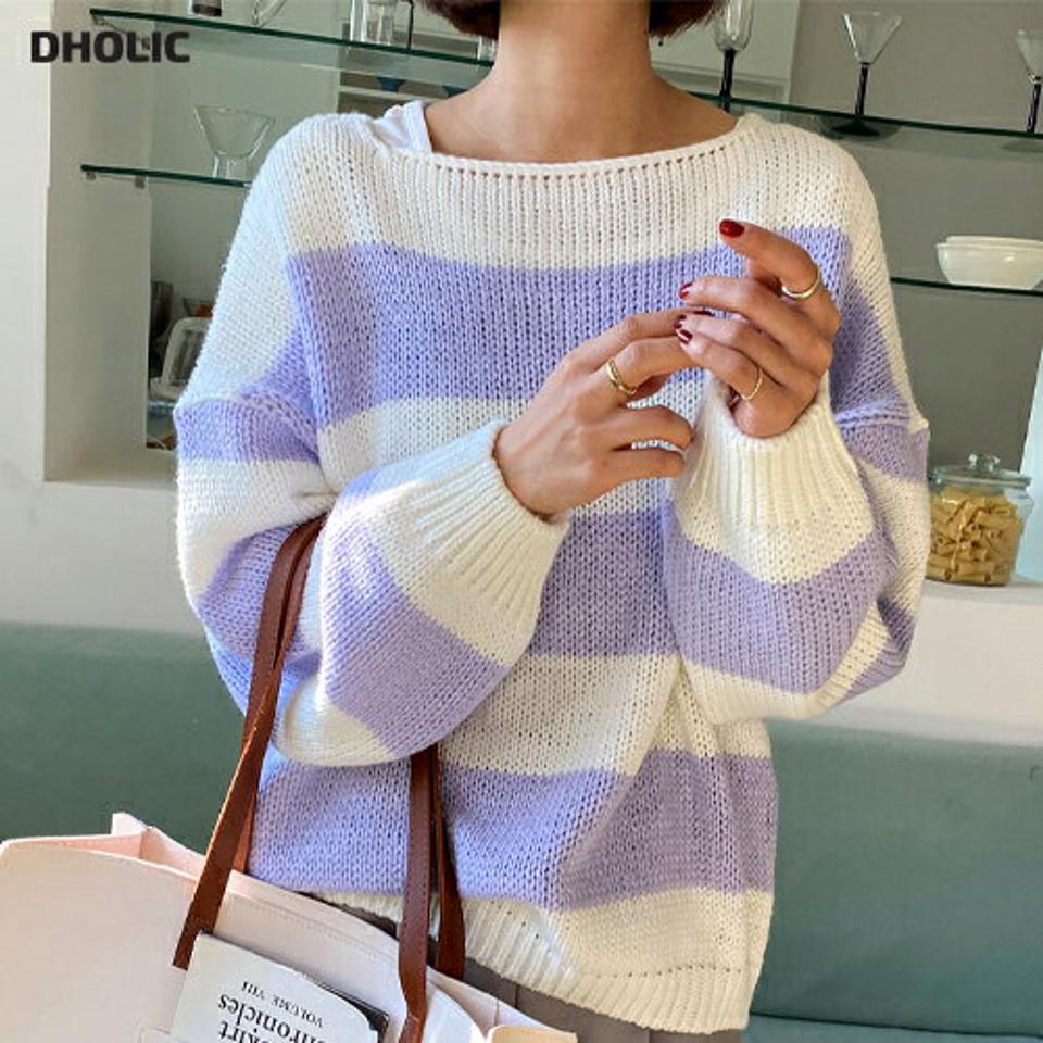 ボートネック配色ボーダーニット・全3色・b66600 レディース 【tops】トップス ニット 長袖 ボーダー柄 カジュアル ゆったり ラフ 柄ニット ドロップショルダー ニットトップス 秋 冬 韓国ファッション