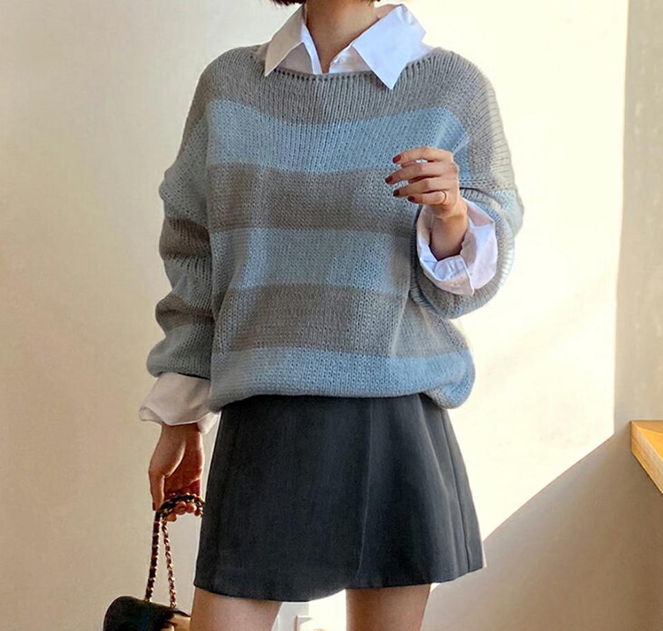 ボートネック配色ボーダーニット・全3色・b66600 レディース 【tops】トップス ニット 長袖 ボーダー柄 カジュアル ゆったり ラフ 柄ニット ドロップショルダー ニットトップス 秋 冬 韓国ファッション