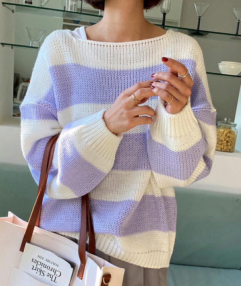 ボートネック配色ボーダーニット・全3色・b66600 レディース 【tops】トップス ニット 長袖 ボーダー柄 カジュアル ゆったり ラフ 柄ニット ドロップショルダー ニットトップス 秋 冬 韓国ファッション
