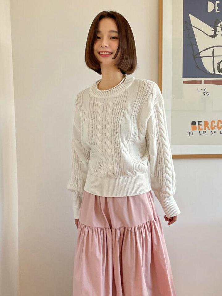 ラウンドケーブル編みニット・全5色・t66598 レディース 【tops】トップス ニット 長袖 シンプル ラウンドネック 単色 カジュアル ラフ ケーブルニット 大人 ラフ アクリルニット 秋 冬 韓国ファッション