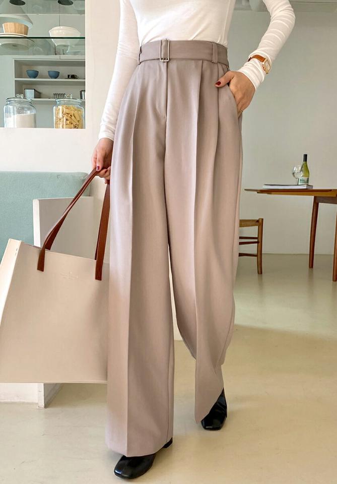 ベルト付ツータックスラックス・全3色・t66617 レディース 【pt】スラックス パンツ ズボン ロングパンツ タック 単色 無地 シンプル ベーシック 大人 オフィスカジュアル ストレート きれいめ ハイウエスト 春 秋 冬 韓国ファッション