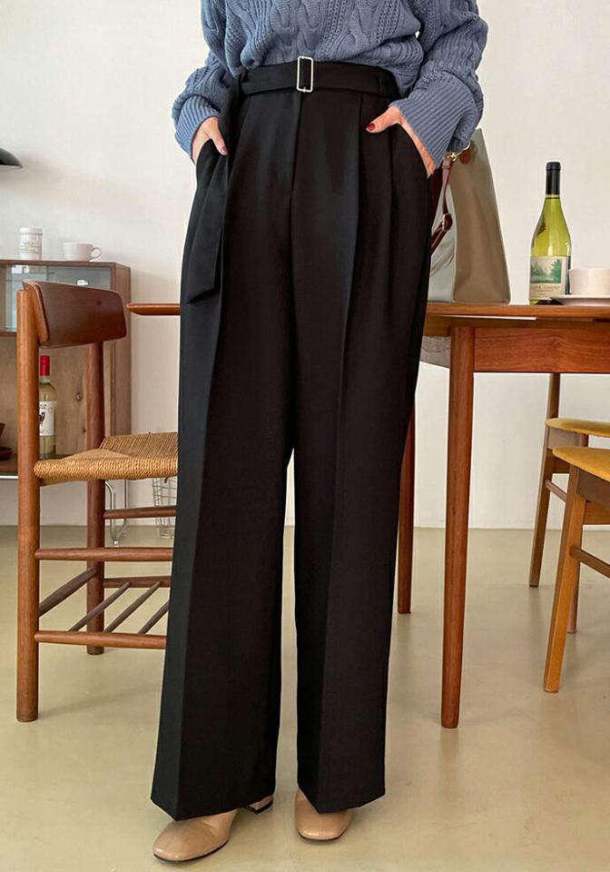 ベルト付ツータックスラックス・全3色・t66617 レディース 【pt】スラックス パンツ ズボン ロングパンツ タック 単色 無地 シンプル ベーシック 大人 オフィスカジュアル ストレート きれいめ ハイウエスト 春 秋 冬 韓国ファッション