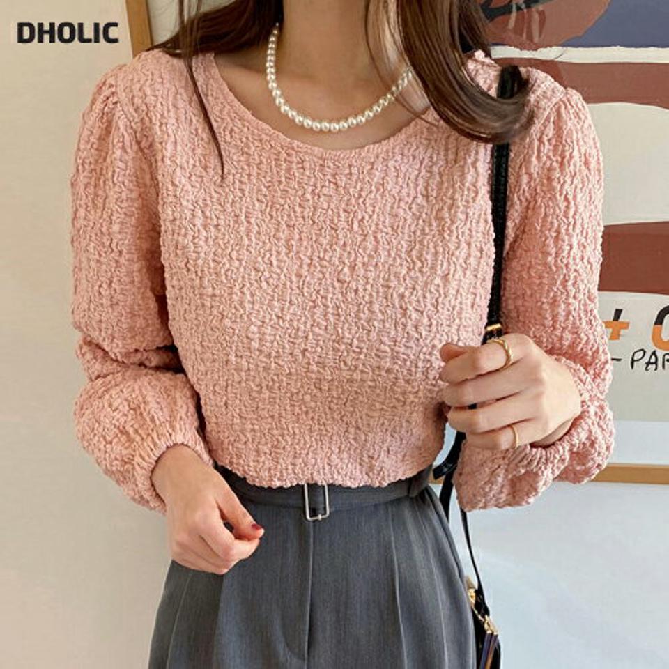 ラウンドリンクルゴムヘムブラウス・全3色・b66601 レディース 【bl】トップス ブラウス リンクル ラウンドネック 単色 シンプル かわいい 可愛い フェミニン 大人 シワ ピンク 春 秋 冬 韓国ファッション