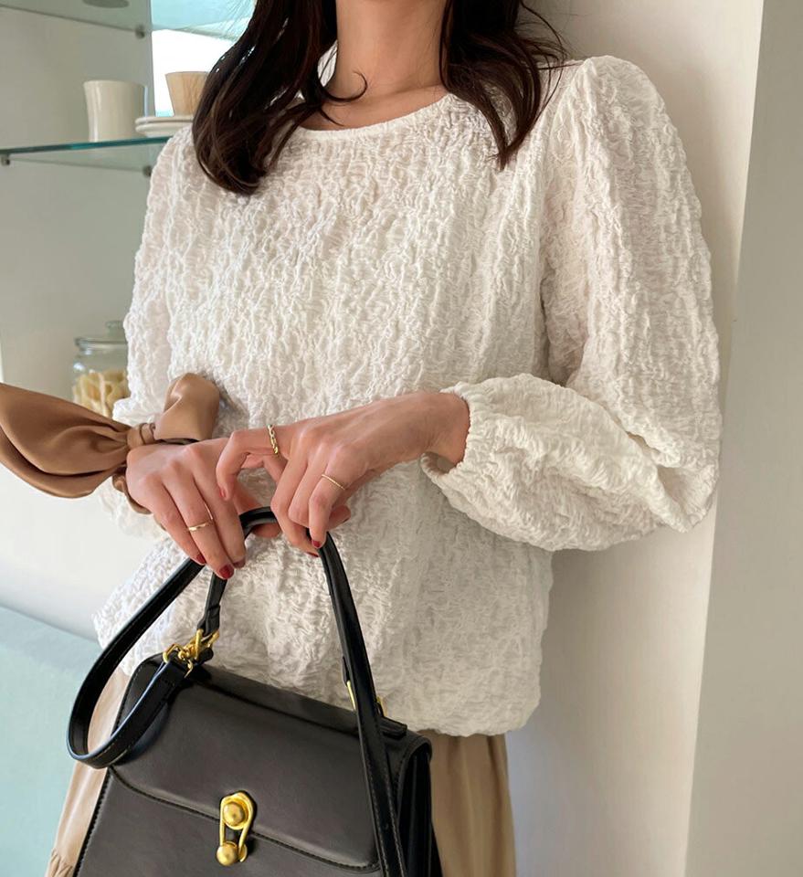 ラウンドリンクルゴムヘムブラウス・全3色・b66601 レディース 【bl】トップス ブラウス リンクル ラウンドネック 単色 シンプル かわいい 可愛い フェミニン 大人 シワ ピンク 春 秋 冬 韓国ファッション