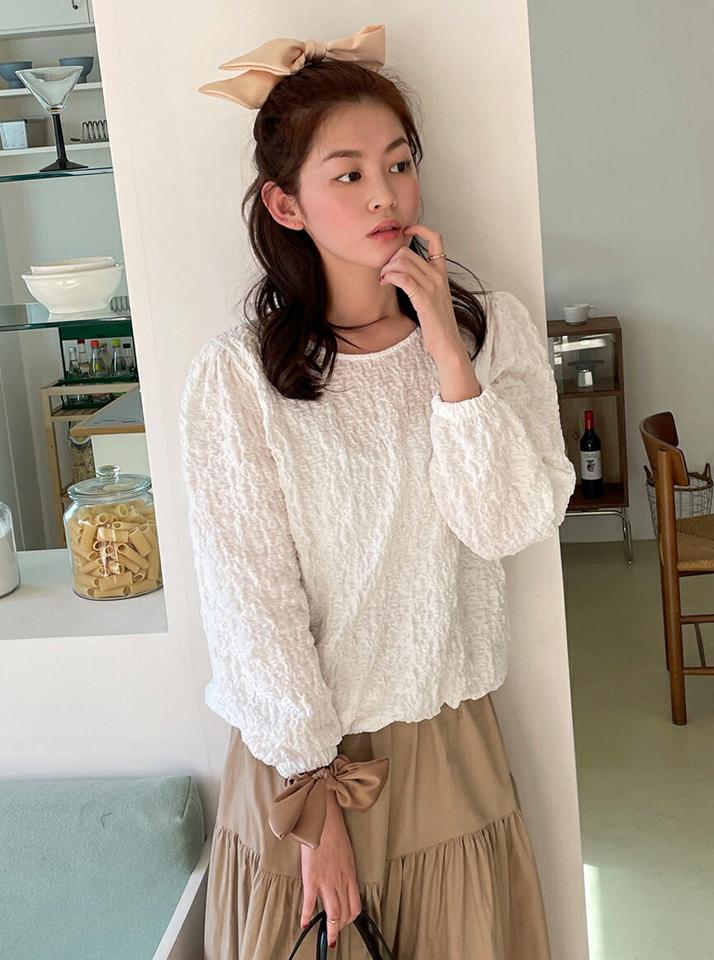 ラウンドリンクルゴムヘムブラウス・全3色・b66601 レディース 【bl】トップス ブラウス リンクル ラウンドネック 単色 シンプル かわいい 可愛い フェミニン 大人 シワ ピンク 春 秋 冬 韓国ファッション