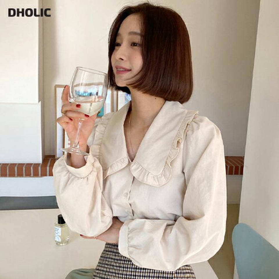 フリルビッグカラーブラウス・全4色・t66603 レディース 【bl】トップス ブラウス 長袖 ビッグカラー 襟コン フリル 単色 無地 パフ袖 パフスリーブ シンプル ガーリー かわいい 可愛い 春 秋 冬 韓国ファッション