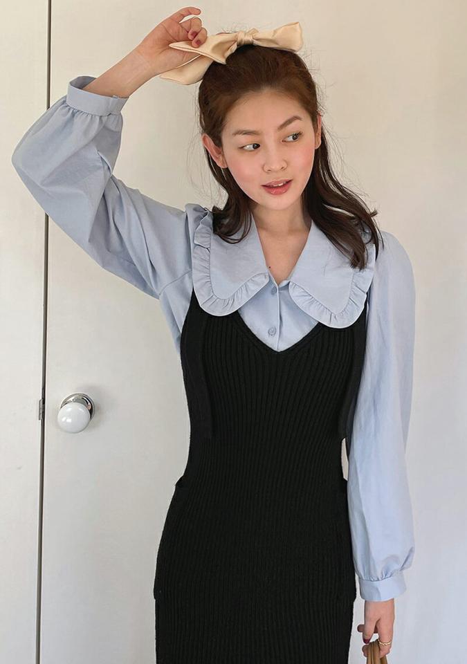 フリルビッグカラーブラウス・全4色・t66603 レディース 【bl】トップス ブラウス 長袖 ビッグカラー 襟コン フリル 単色 無地 パフ袖 パフスリーブ シンプル ガーリー かわいい 可愛い 春 秋 冬 韓国ファッション