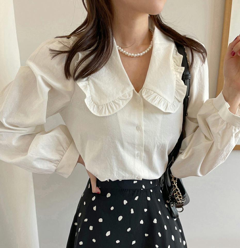 フリルビッグカラーブラウス・全4色・t66603 レディース 【bl】トップス ブラウス 長袖 ビッグカラー 襟コン フリル 単色 無地 パフ袖 パフスリーブ シンプル ガーリー かわいい 可愛い 春 秋 冬 韓国ファッション