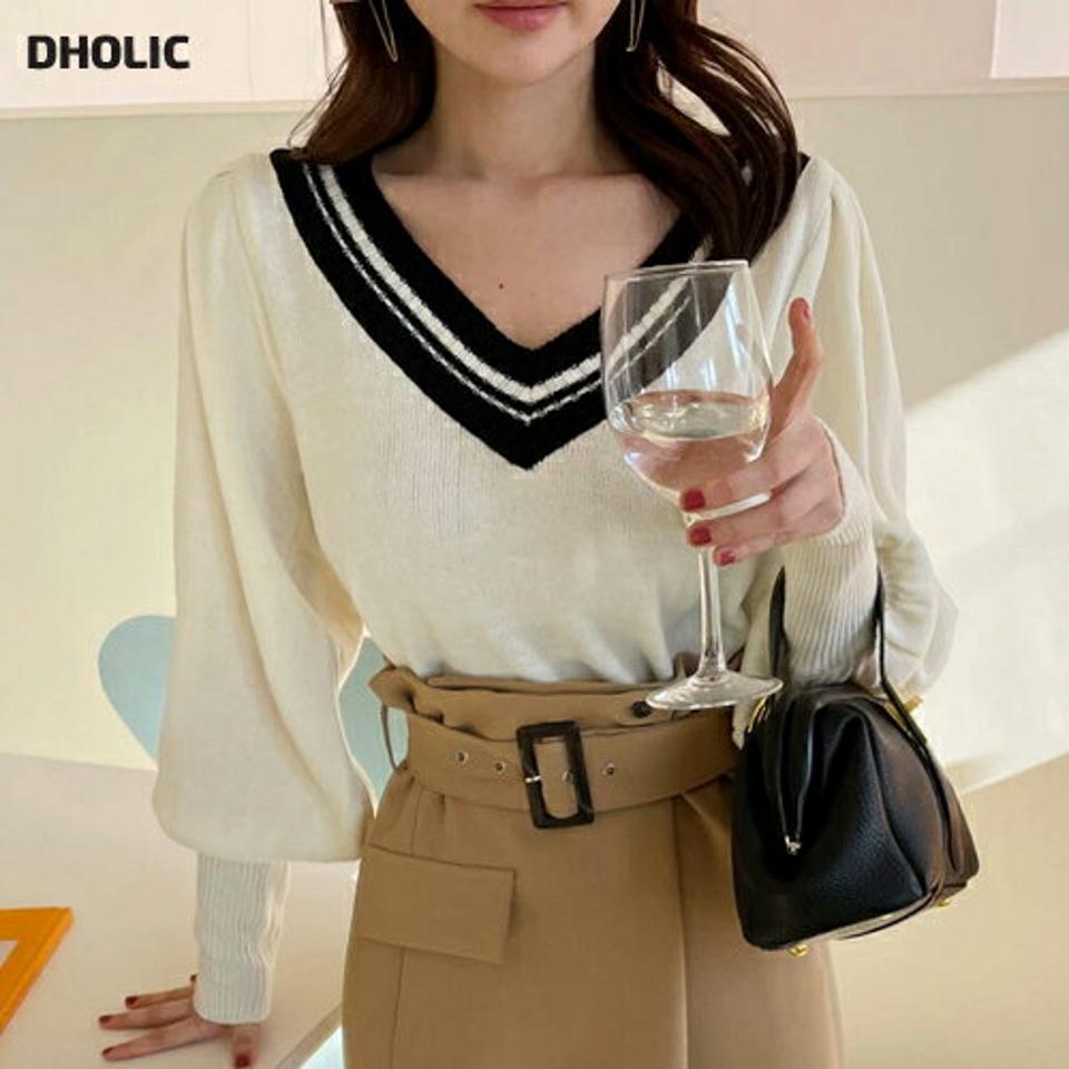 ≪人気商品再入荷≫チルデンニット・全2色・b66599 レディース 【tops】トップス ニット 長袖 ライン 配色 クラシック 大人 ボリューム袖 ワイドカフス リブ アクリルニット 春 秋 冬 韓国ファッション
